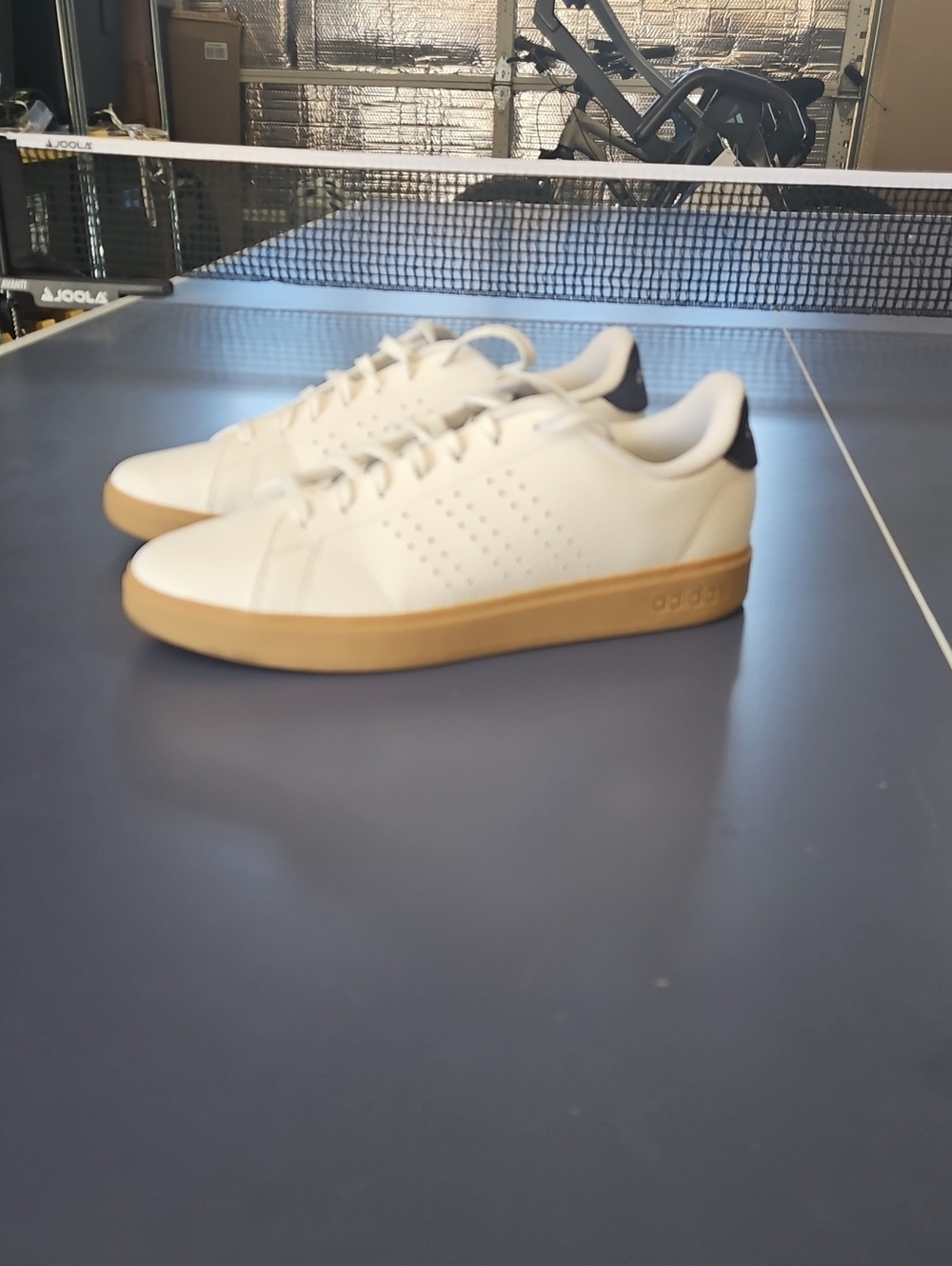 Like NEW- adidas White Sneakers with Gum Sole and Black Heel Tab SZ. 12